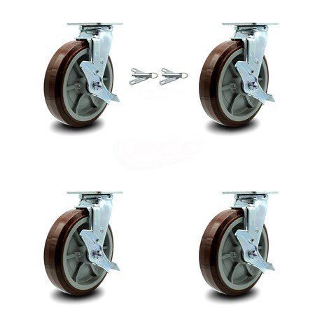 Service Caster 8 Inch Polyurethane Caster Set with Ball Bearings 4 Brake 2 Swivel Lock SCC SCC-30CS820-PPUB-TLB-BSL-2-TLB-2